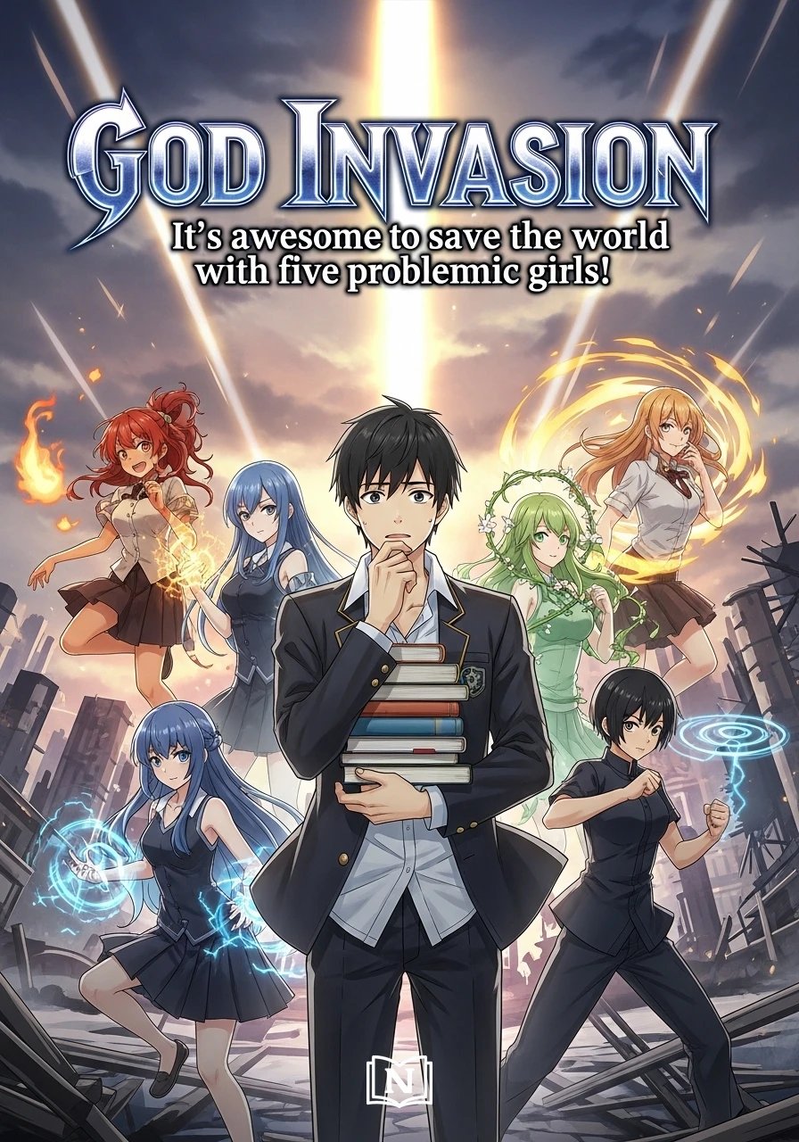 Cover of God Invasion: It's awesome to save the world with five problematic girls!